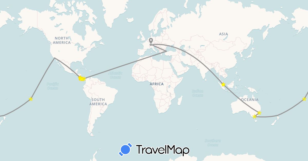 TravelMap itinerary: driving, plane in Australia, Switzerland, Costa Rica, New Zealand, Panama, French Polynesia, Singapore, United States (Asia, Europe, North America, Oceania)